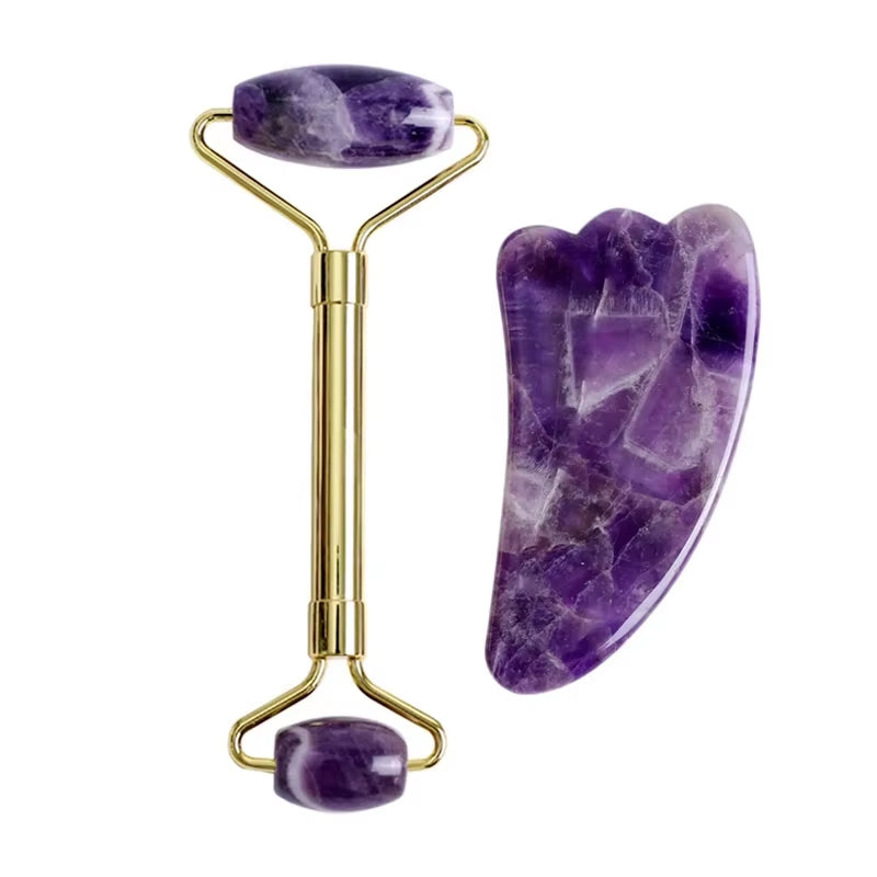 Natural Amethyst Jade Eye Mask Jade Roller Massager Gouache Scraper Set Cold Therapy Eye Mask Face Skin Care Massage Tools