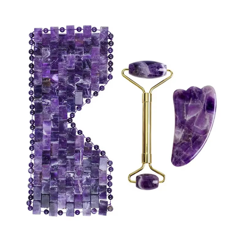 Natural Amethyst Jade Eye Mask Jade Roller Massager Gouache Scraper Set Cold Therapy Eye Mask Face Skin Care Massage Tools