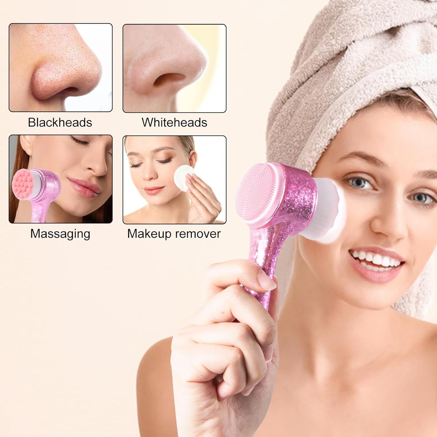 Facial Cleansing Brush, Silicone Face Scrubber, Soft Bristles Exfoliating Face Wash Brush, Pore Deep Cleansing Double Side Face Skincare Tool for Makeup Removal, Ice Flower Pink, 1 Piece