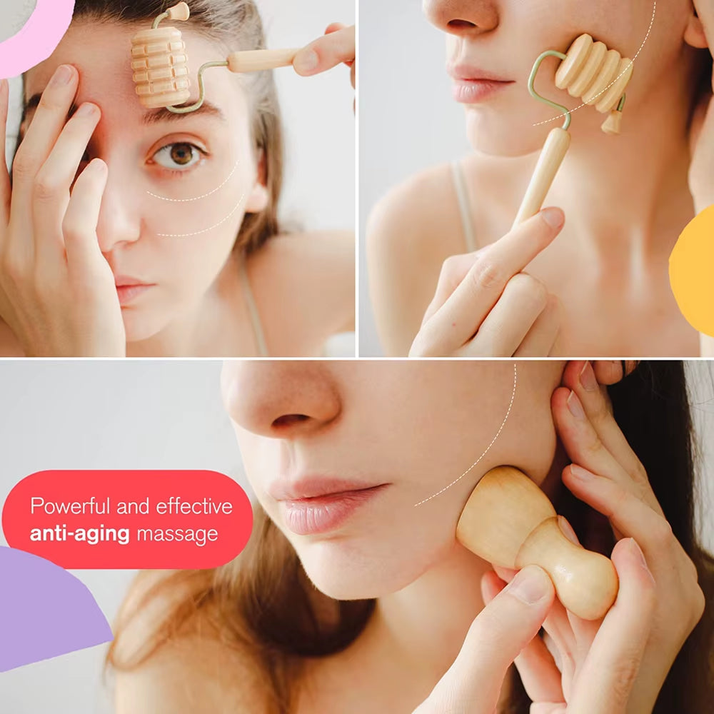Face Massage Roller Wooden Facial Maderotherapy Lifting Wood Therapy Massage Kit Anti-Cellulite Facial Lifting Wrinkle Remover