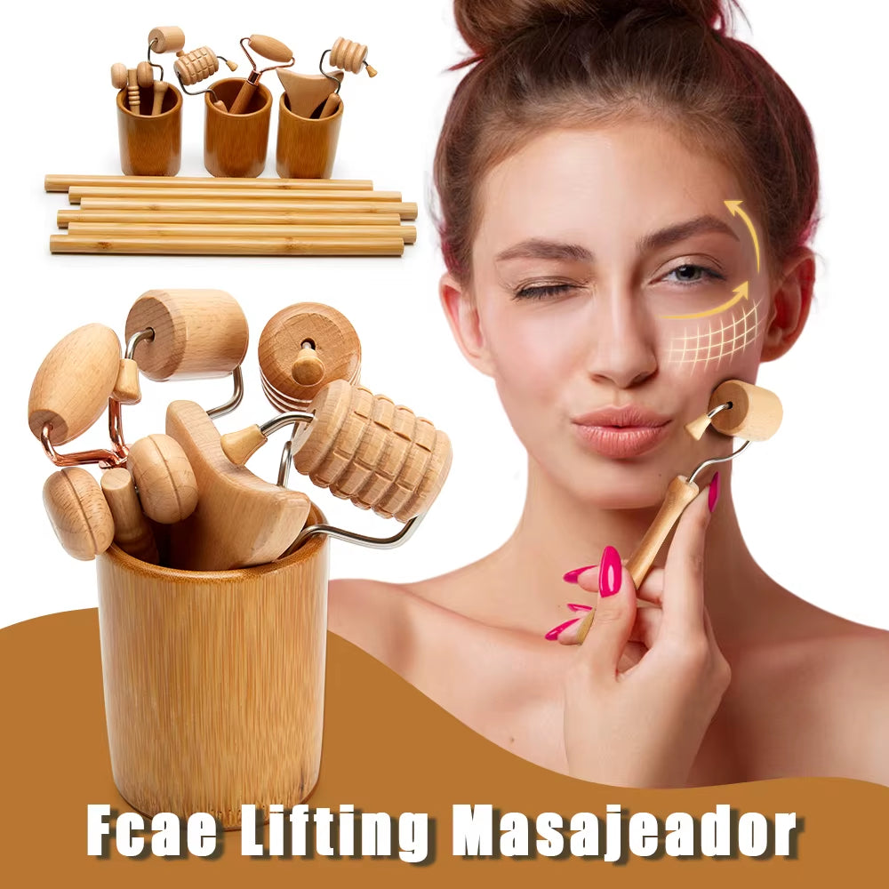 Face Massage Roller Wooden Facial Maderotherapy Lifting Wood Therapy Massage Kit Anti-Cellulite Facial Lifting Wrinkle Remover