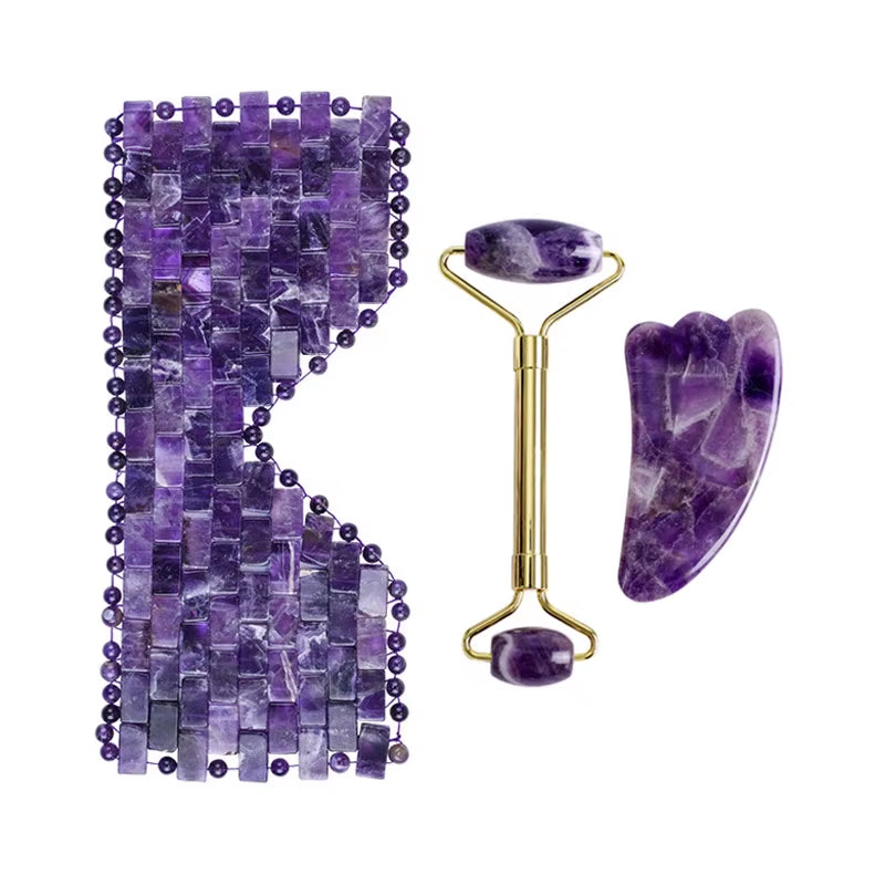 Natural Amethyst Jade Eye Mask Jade Roller Massager Gouache Scraper Set Cold Therapy Eye Mask Face Skin Care Massage Tools
