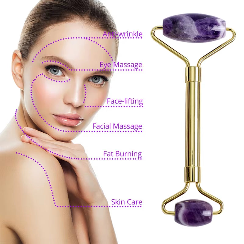 Natural Amethyst Jade Eye Mask Jade Roller Massager Gouache Scraper Set Cold Therapy Eye Mask Face Skin Care Massage Tools