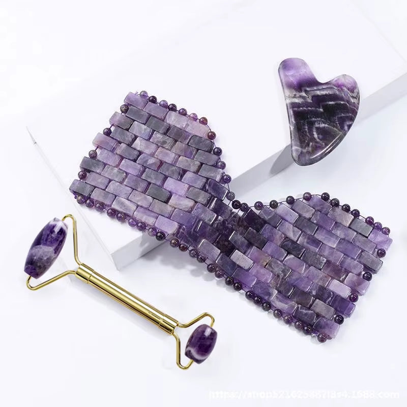 Natural Amethyst Jade Eye Mask Jade Roller Massager Gouache Scraper Set Cold Therapy Eye Mask Face Skin Care Massage Tools