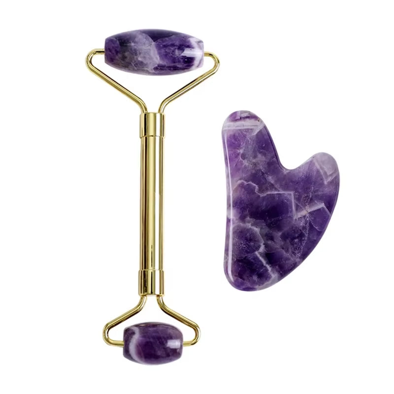 Natural Amethyst Jade Eye Mask Jade Roller Massager Gouache Scraper Set Cold Therapy Eye Mask Face Skin Care Massage Tools