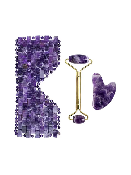 Natural Amethyst Jade Eye Mask Jade Roller Massager Gouache Scraper Set Cold Therapy Eye Mask Face Skin Care Massage Tools
